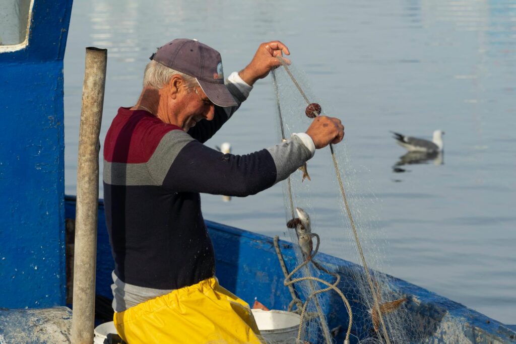 Senior man retrieving fish with a net on a blue boat in Puglia, Italy.