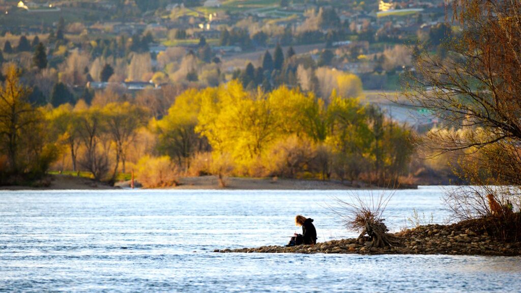 A peaceful autumn scene with a person sitting by the riverbank in East Wenatchee, WA.