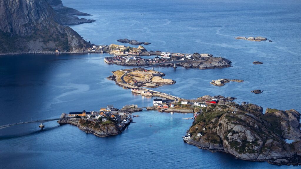 A stunning aerial shot of Reine in the Lofoten Islands, showcasing the scenic Nordic coast.