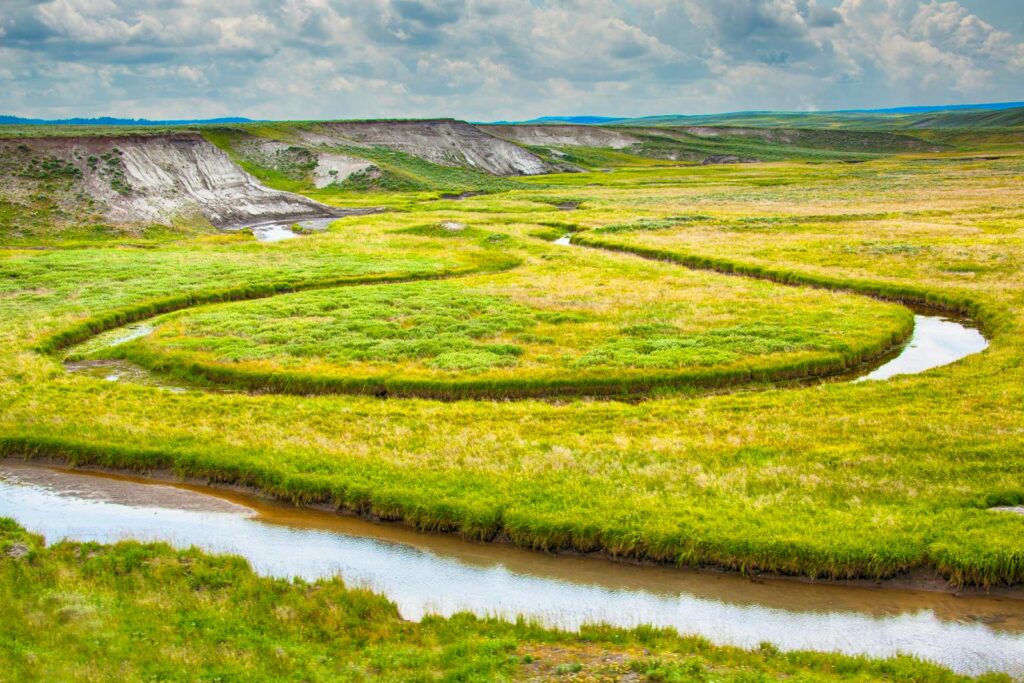 A picturesque green valley with a winding stream under a cloudy sky, perfect for nature themes.