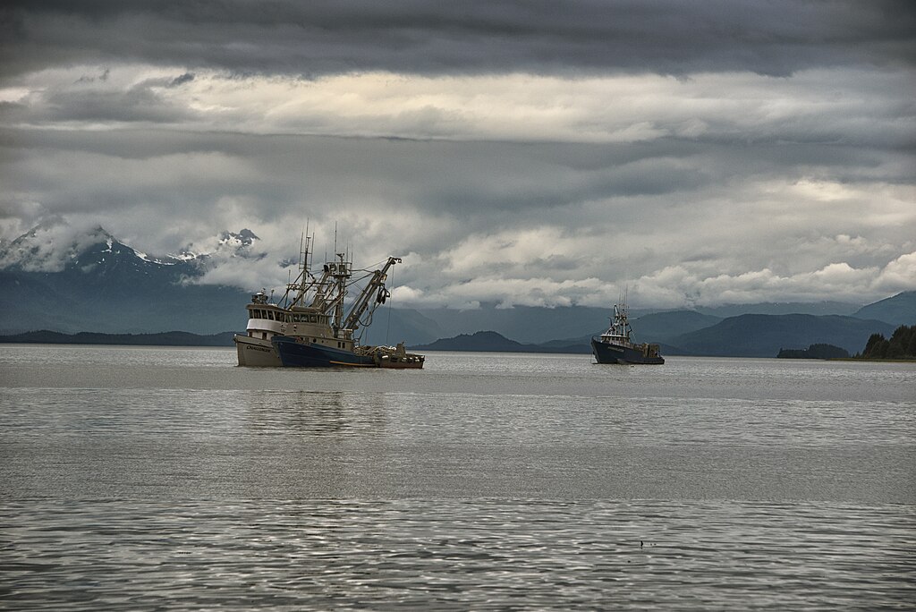Three Commercial Fishing boats in Southeast Alaska waiting for the Salmon Run at Amalga Salt Chuck, Juneau, Alaska.