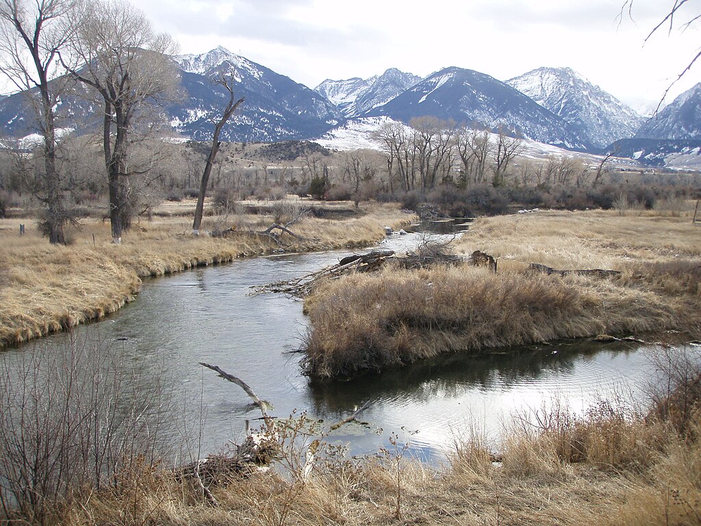 A tranquil stream winds through a barren winter landscape with dry grass and leafless trees. Snow-capped mountains rise in the background under a cloudy sky.
