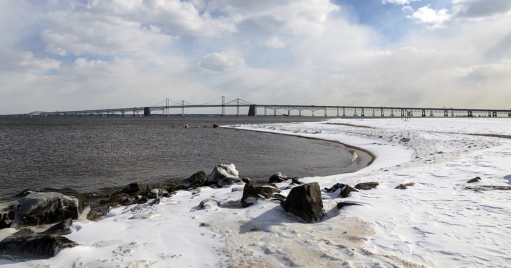 The Chesapeake Bay Bridge from Sandy Point State Park, Maryland, USA on a cold day.