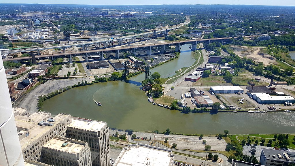 Looking at "Collision Bend" in the Cuyahoga River in downtown Cleveland, Ohio, on August 22, 2015. Taken from the 47th floor of Terminal Tower.