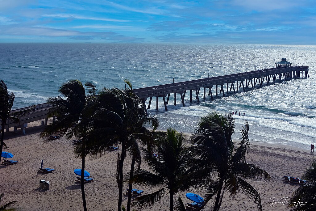 A serene beach scene with a long pier extending into the ocean under a bright blue sky. Palm trees sway in the foreground, and scattered beach chairs with blue umbrellas dot the sandy shore. The atmosphere is calm and idyllic.