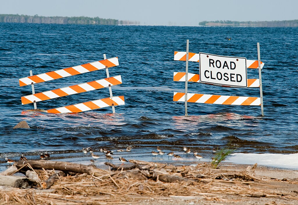 Devil's Lake, ND, June 5, 2009 -- A road is covered with water from Spirit Lake. The saltwater lake has been steadily rising for the last several years, threatening homes and businesses in the area.