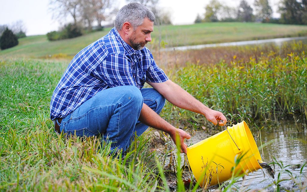 A man in a plaid shirt and jeans kneels by a pond, filling a yellow bucket with water. The grassy landscape is peaceful and green, evoking a serene rural setting.