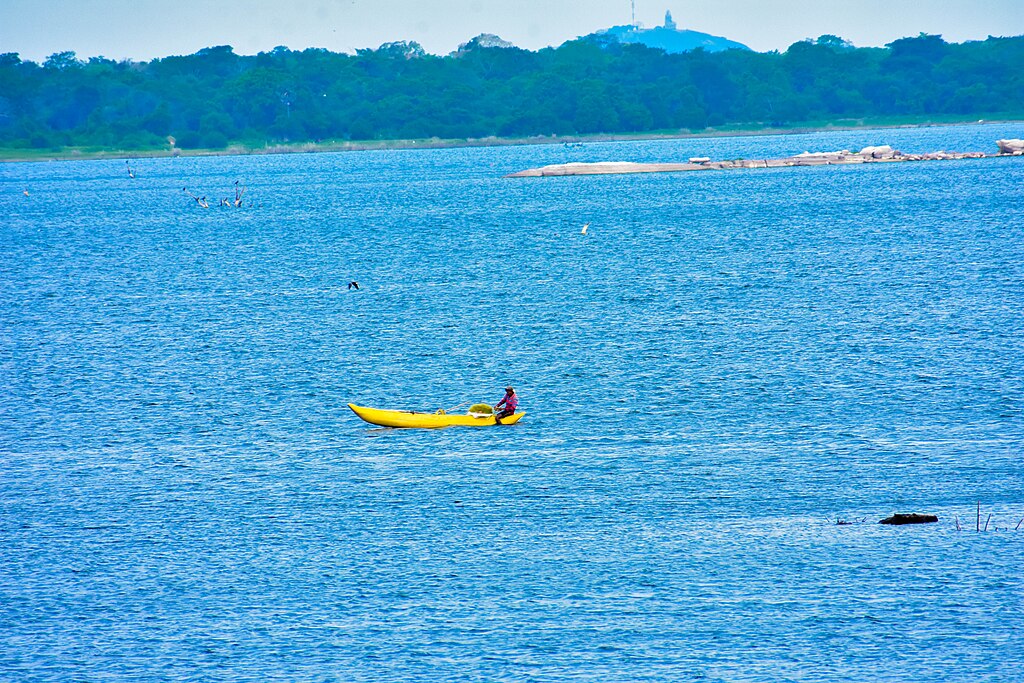 A person in a yellow kayak paddles on a vast blue lake, surrounded by serene water. A forested shoreline is visible in the distance under a clear sky.