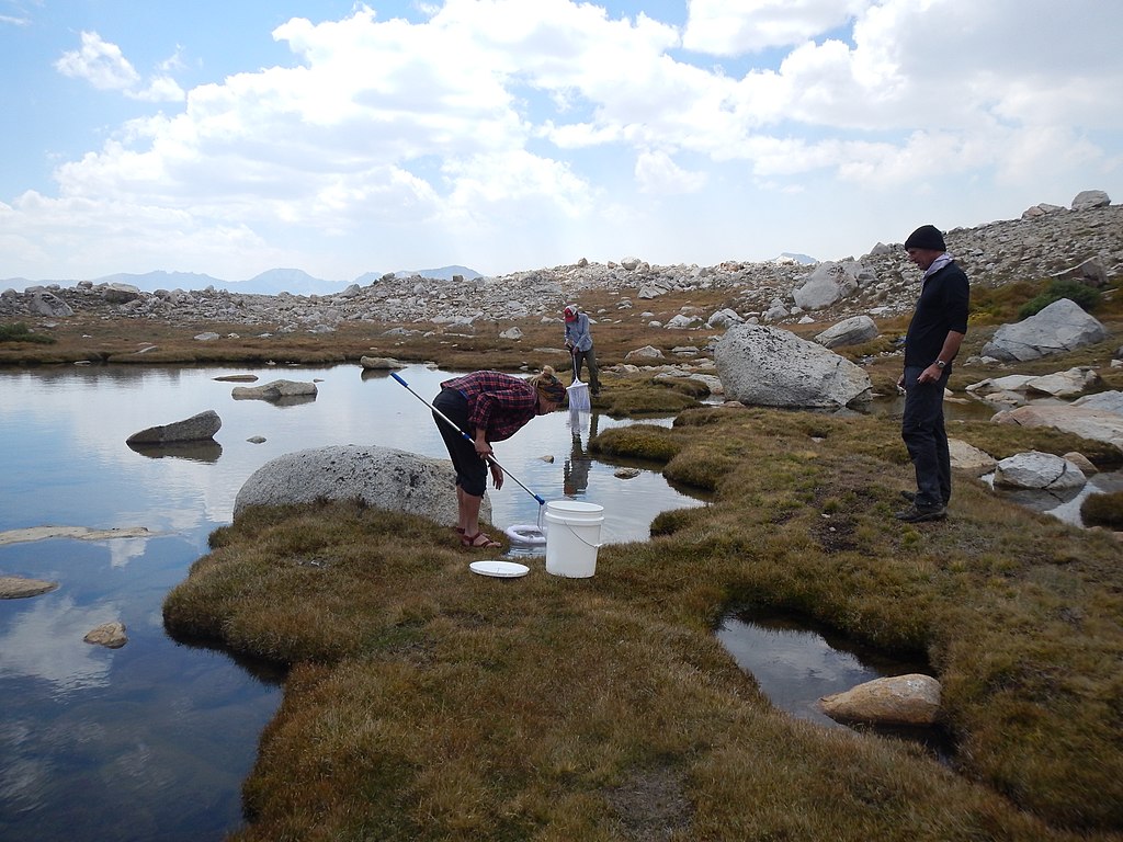 Three people collect water samples from a small lake in a rocky, mountainous area under a partly cloudy sky. The scene conveys a sense of scientific exploration.