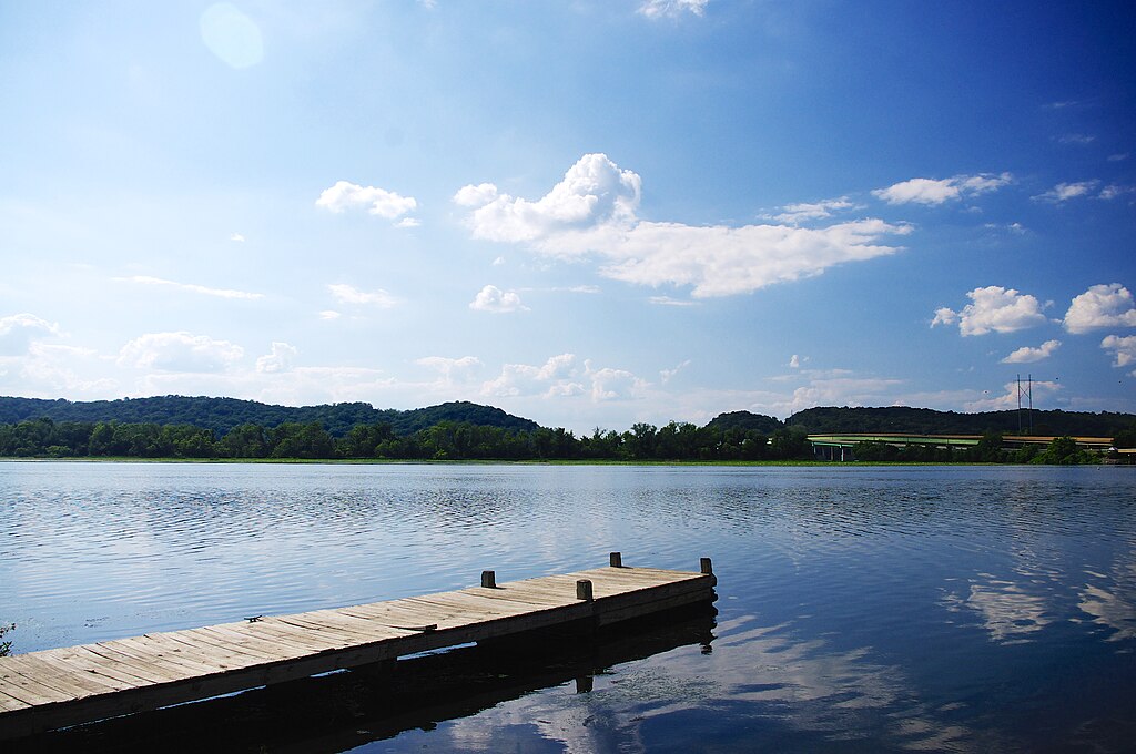 Dock along Guntersville Lake (part of the Tennessee), located off Alabama State Route 35 near Langston, Alabama, United States. The Bob Jones Bridge (which carries SR 35) is visible on the right.