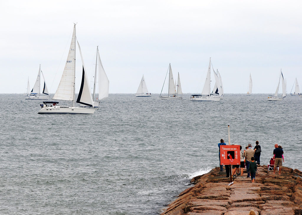 Sailboats race in Galveston Bay during the annual Harvest Moon Regatta.