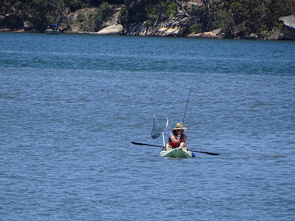 A person in a hat and life vest is kayaking on a calm blue lake, holding a fishing rod and a net. Trees and rocks line the distant shore, evoking tranquility.