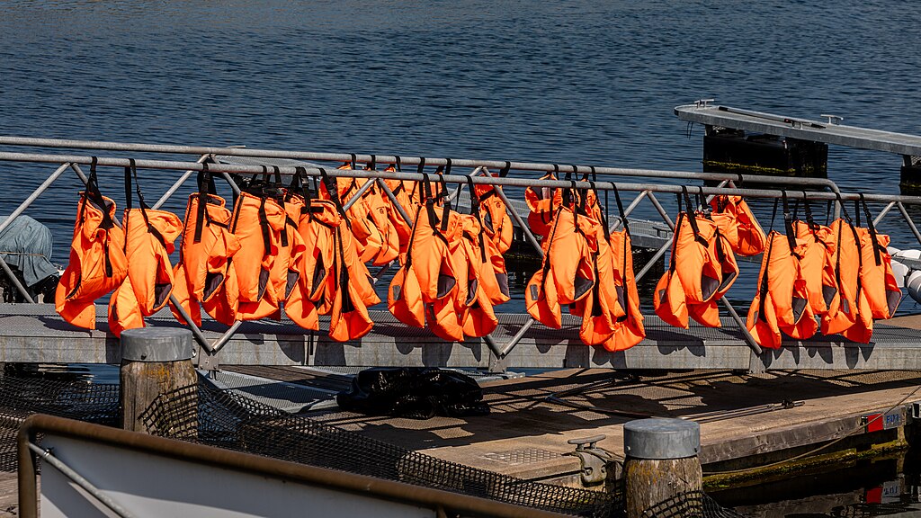 Bright orange life jackets hang on a metal railing by a calm waterfront, suggesting preparedness and safety. Sunlight enhances their vivid color