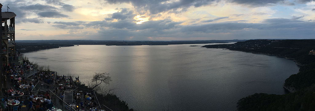 Sunset over Lake Travis, Texas viewed from the Oasis at Lake Travis.