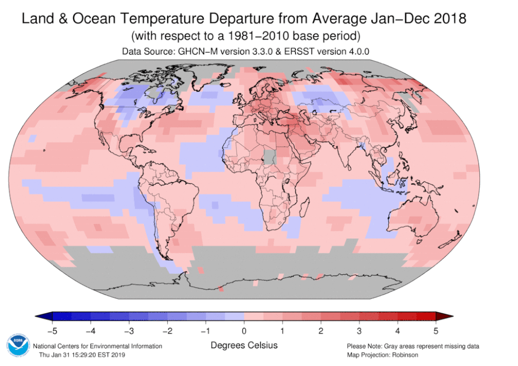 Land and Ocean Temperature Departure from Average 2018.