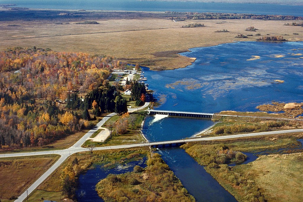 Leech Lake Dam at Leech Lake near the town of Federal Dam, Minnesota, USA. The Lake and Dam are located within the Leech Lake Indian Reservation.