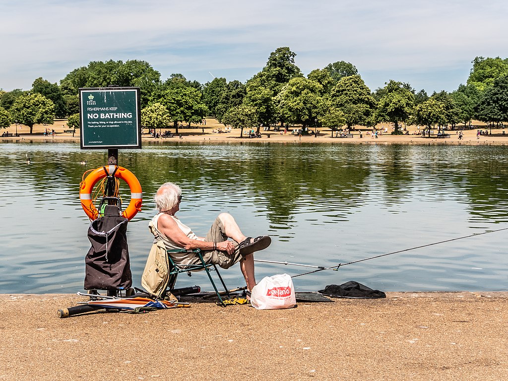Angler at the lake " The Serpentine" in Hyde Park in London at Fishermans Keep