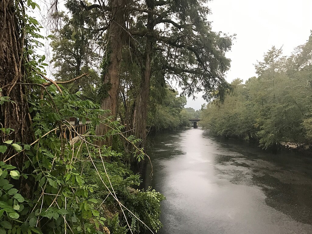 Calm river flanked by lush green trees, with a serene overcast sky. A distant bridge spans the water, creating a peaceful, secluded atmosphere.