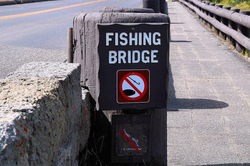 You can't fish from Fishing Bridge in Yellowstone National Park in Park County, Wyoming, United States. Fishing is prohibited to protect the native cutthroat trout population which is threatened due to over-fishing.