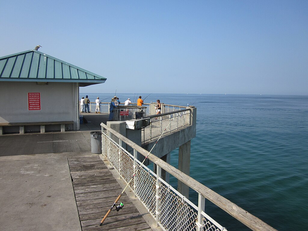 People fish on a sunny pier extending over calm blue water. A seagull perches on a roof, and fishing rods lean against a railing, reflecting relaxation.