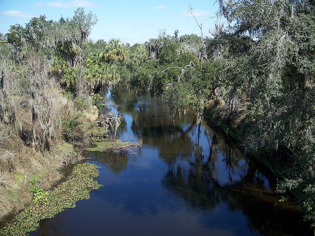 Paynes Creek Historic State Park: Peace River outside the park, looking north from bridge over the river.