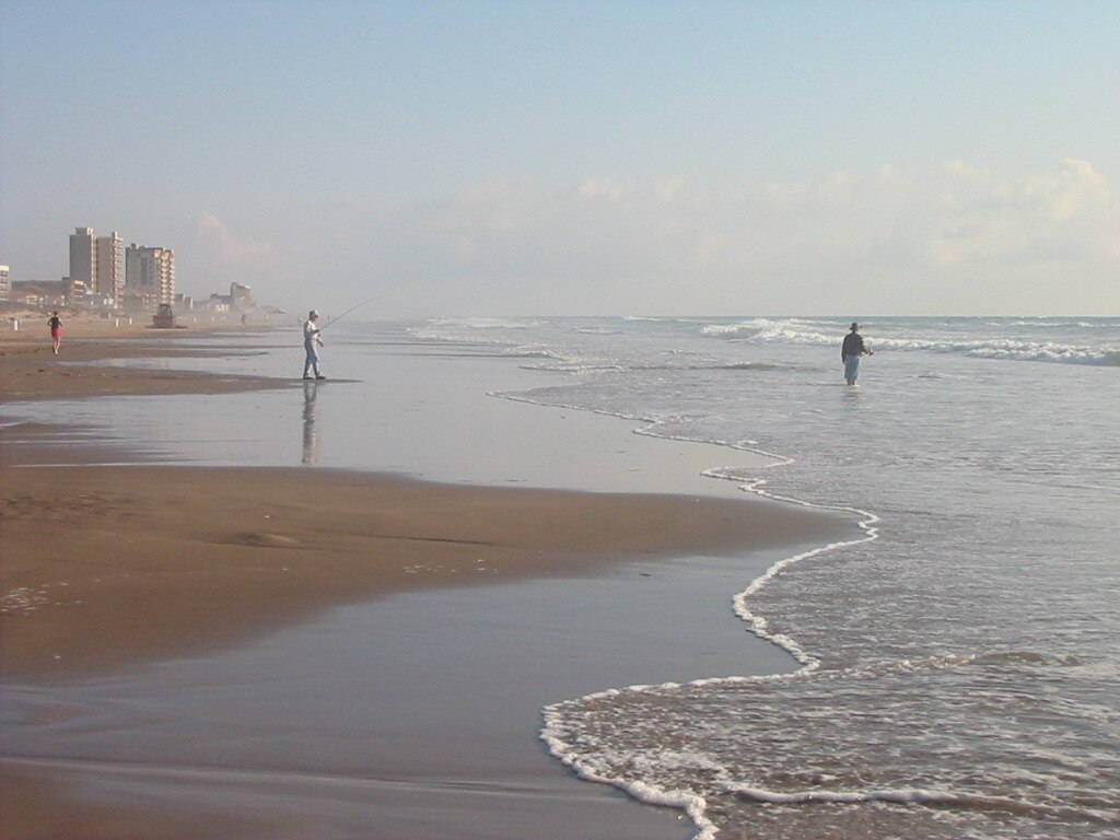 A serene beach with gentle waves and a hazy sky. Two people fish near the shoreline, while buildings are visible in the misty background. Tranquil and calm.
