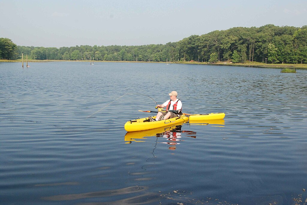 A person is fishing from a bright yellow kayak on a calm lake. They are wearing a hat and life jacket, surrounded by lush green forest under a clear sky.