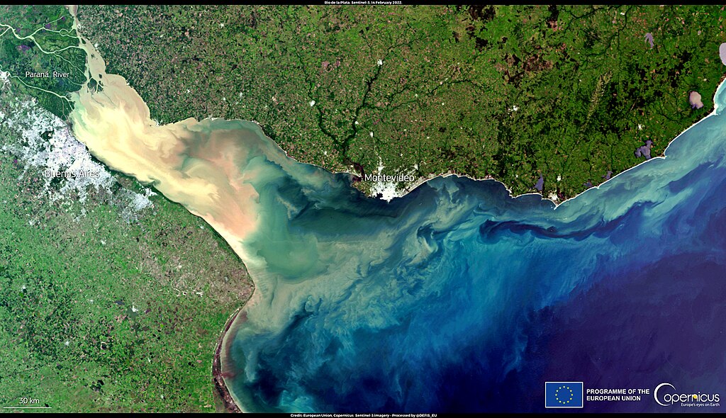 The Rio de la Plata estuary is one of the largest ones in the world. A constant mixing of freshwater and seawater in this area is visible from space, as shown in the image captured by one of the Copernicus Sentinel-3 satellites on 14 February 2022.