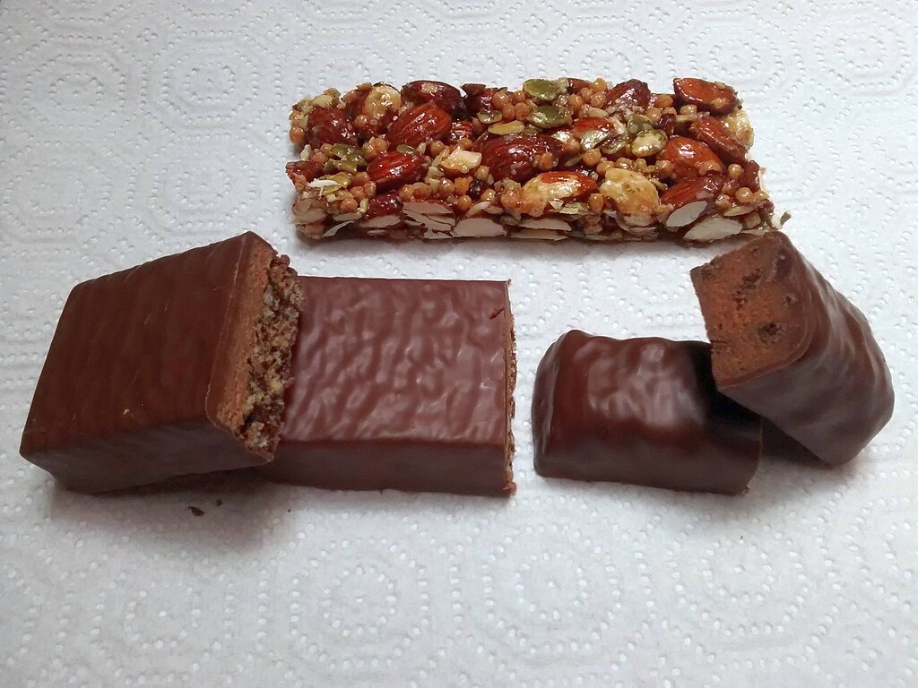 Three protein bars, two cut in half