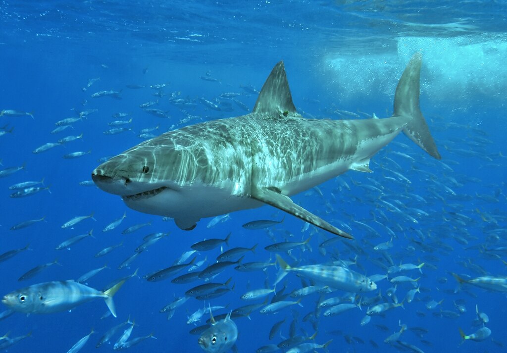 A great white shark swims gracefully underwater amidst a school of fishes. The clear blue ocean and sunlight create a serene and majestic scene.