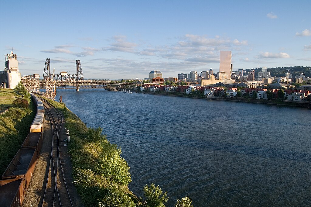 Downtown Portland, Oregon and the Steel Bridge on the Willamette River. View is looking south from the Broadway Bridge.