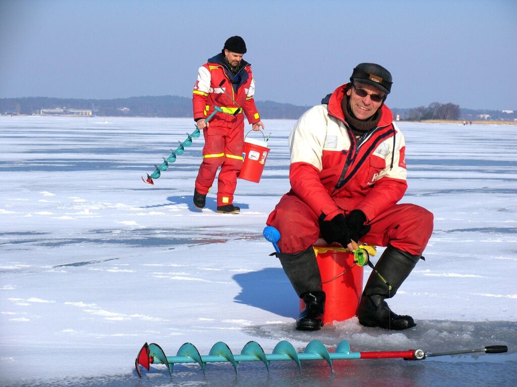 snow, winter, ice, fishing, overalls, ice auger, drill, slemmern, mariehamn, nature, finland