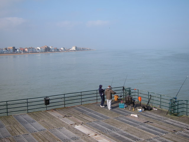 Two people fish on a wooden pier overlooking calm, vast ocean waters. A distant shoreline with buildings under a clear blue sky sets a tranquil scene.