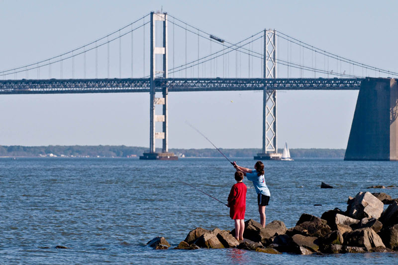 Two people fish from rocky shore with a large suspension bridge in the background. A sailboat is visible on the water, under clear blue sky.