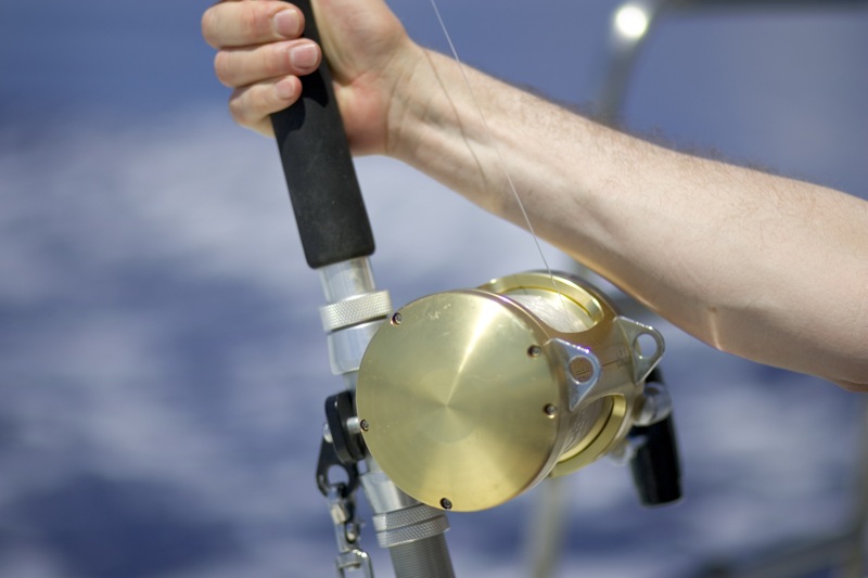 Close-up of a person's hand gripping the handle of a fishing rod with a shiny gold reel. The background is blurred, suggesting a seas and sky setting.