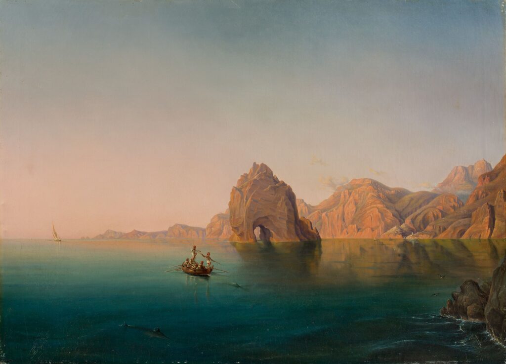 Tranquil seascape at sunrise features a small boat with four people, majestic cliffs, and a distant sailboat. The scene conveys calm and exploration.