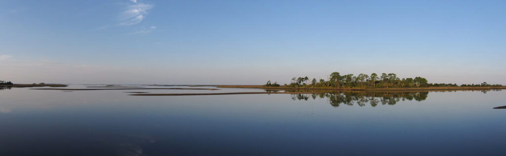 Calm water reflects a line of trees on a distant narrow strip of land under a clear blue sky, conveying tranquility and solitude.