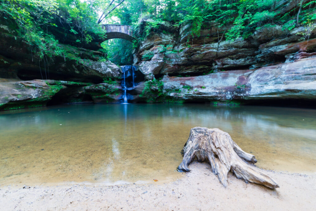 A serene waterfall flows under a stone bridge into a tranquil pool surrounded by lush greenery and rock formations; a tree stump sits in the foreground.