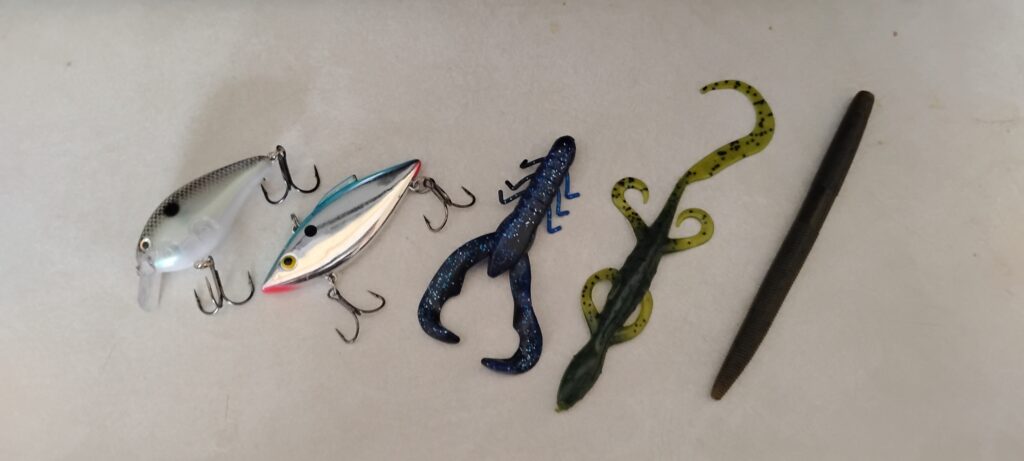 Five fishing lures are lined up on a light surface. From left to right: a silver crankbait, a colorful metallic lure, a blue creature bait, a green worm-like lure, and a dark soft plastic worm.