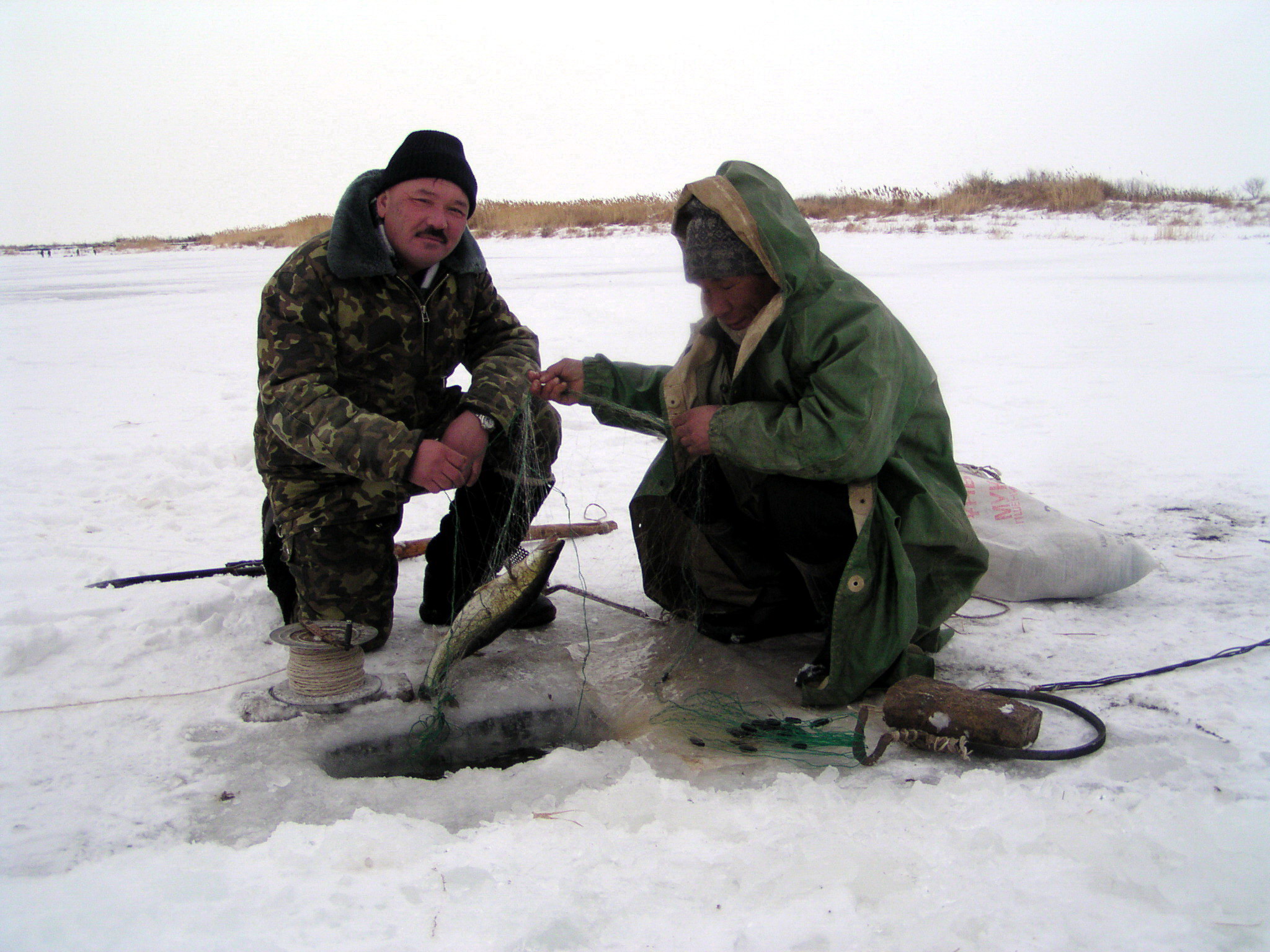 Two men in winter clothing fish on a frozen lake, pulling a fish from an ice hole. The scene conveys a sense of focus and teamwork. Snowy landscape.