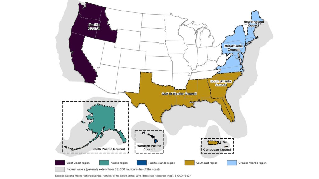 A map illustrating the areas managed by each U.S. Regional Fisheries Management Council, including the Mid-Atlantic and South Atlantic councils.