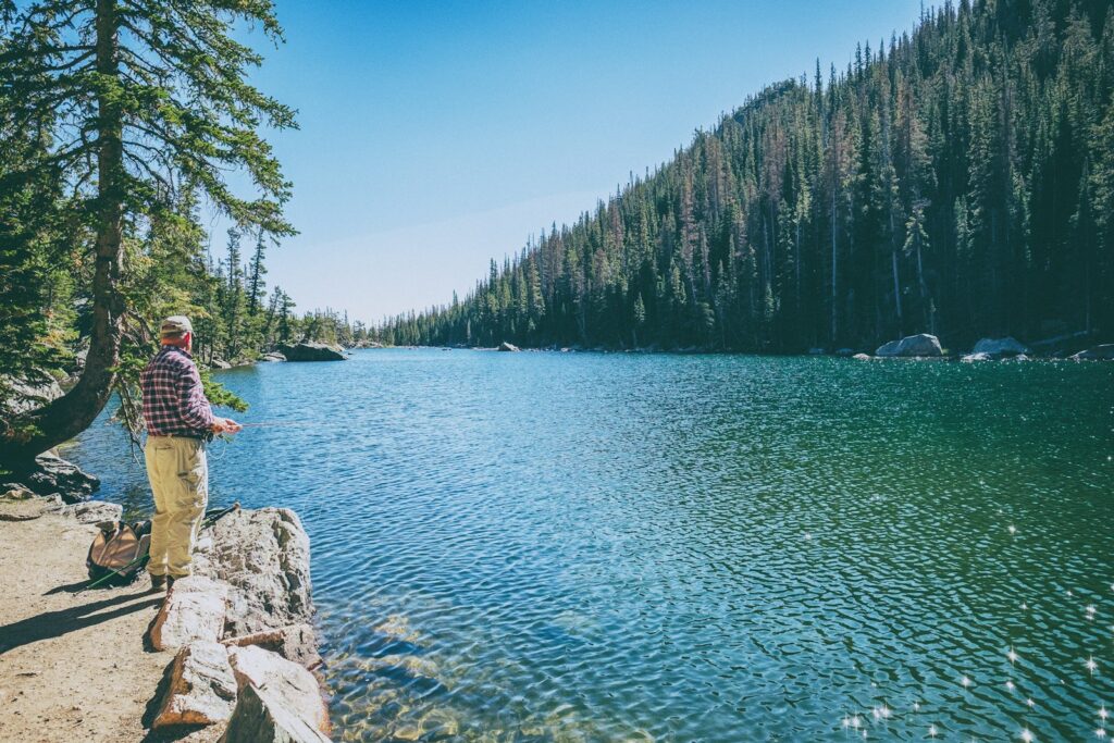 A man fishing by the rock on front of lake surrounded with trees at daytime.