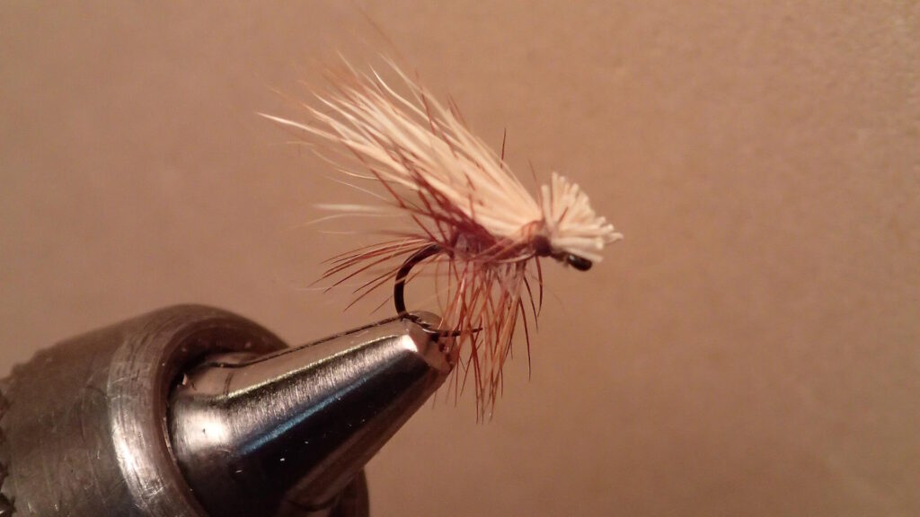 Close-up of an Elk Hair Caddis fly held in a vise for fly tying.