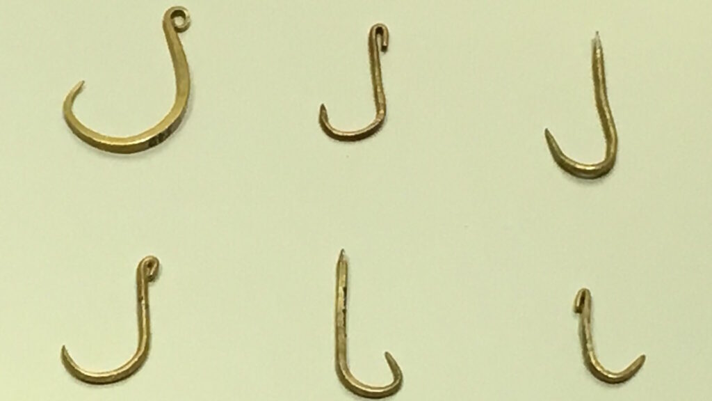 A collection of six different fishing hooks displayed on a light background, showcasing various shapes and sizes.