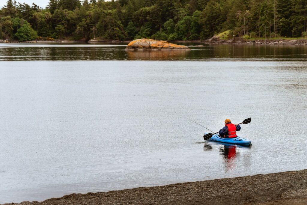 A person in a kayak on a body of water.