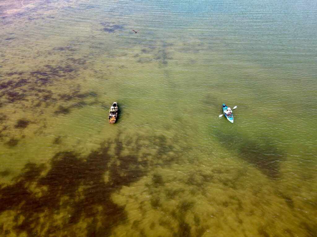 Aerial view of kayak fishing.