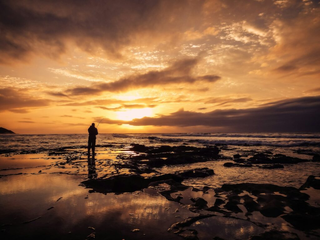 Silhouette photo of man standing on beach during golden hour.