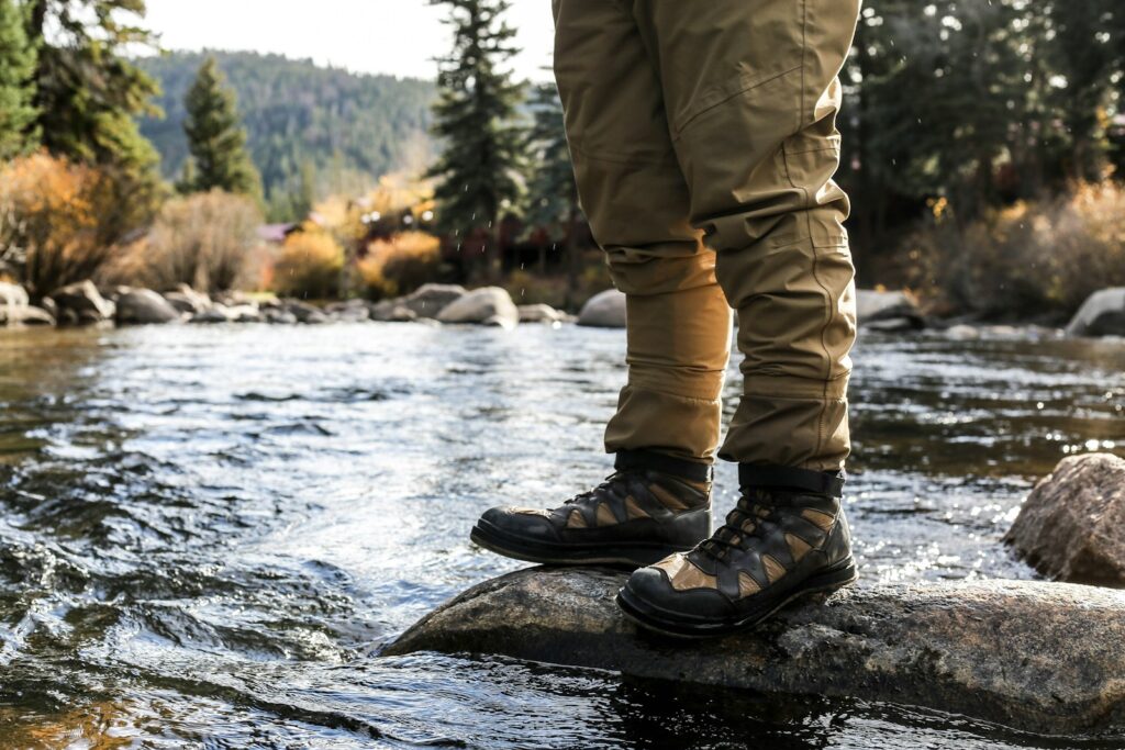 A person standing on gray stone wearing fishing boots.