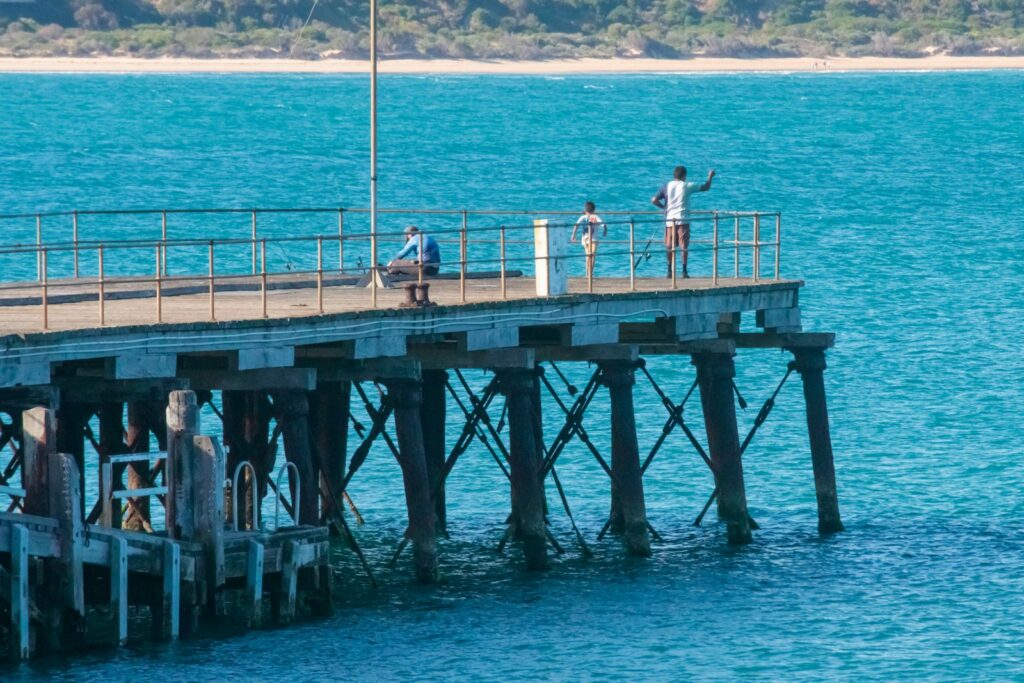 A group of people standing on top of a pier.
