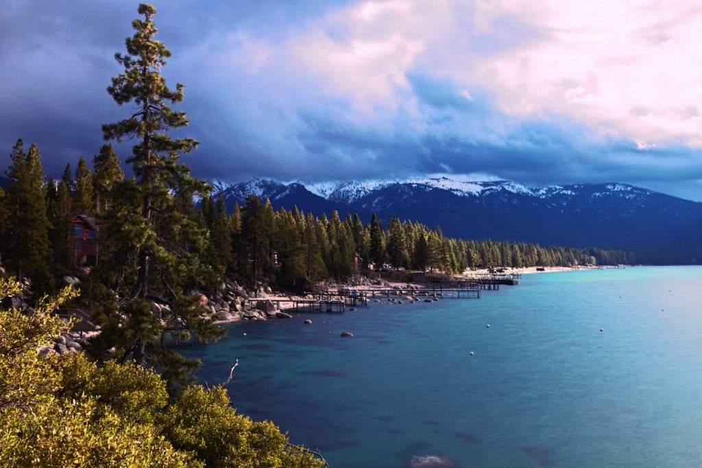 A body of water near mountain.